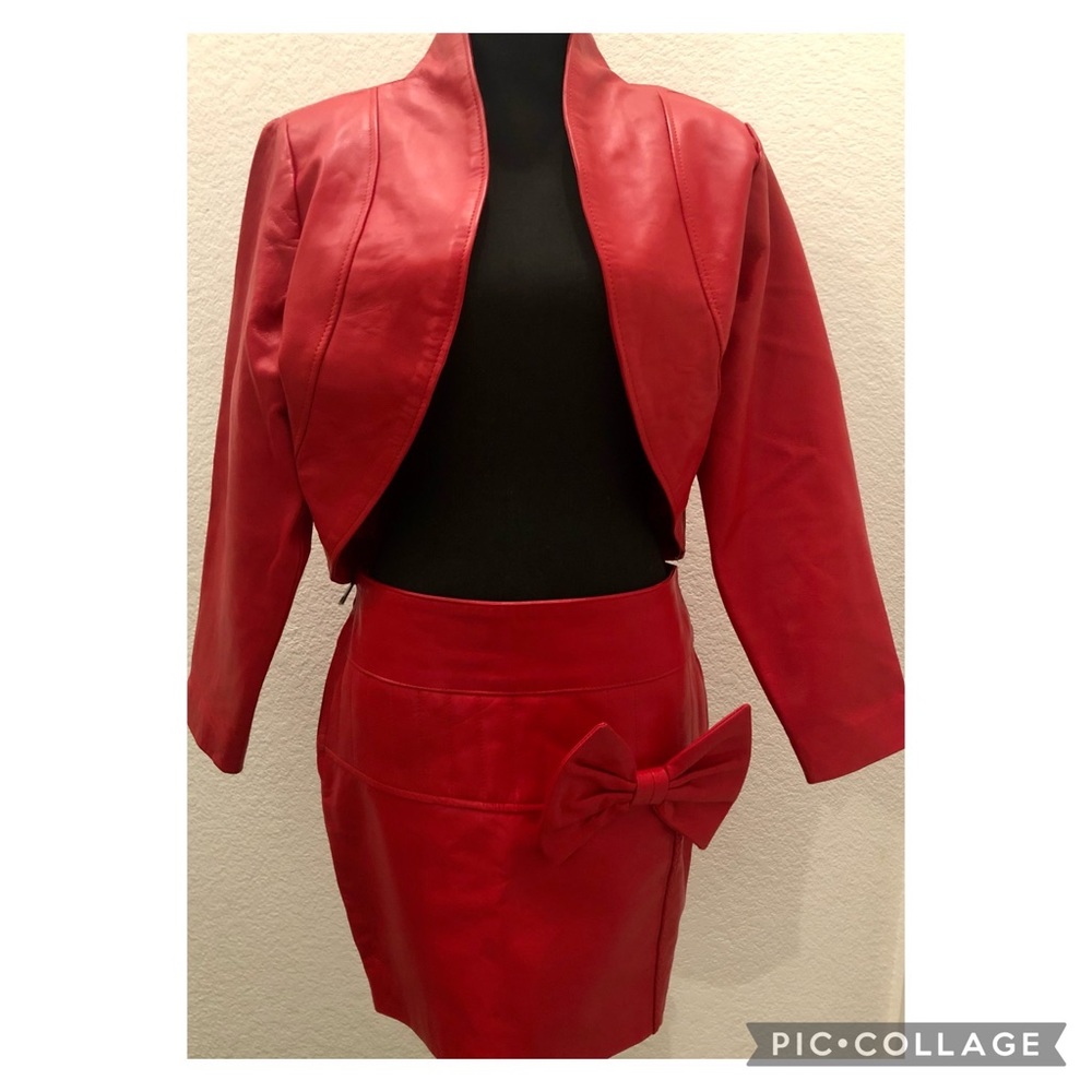 Real Leather/ Suede  Red Crop Jacket w/ Mini Skirt Set